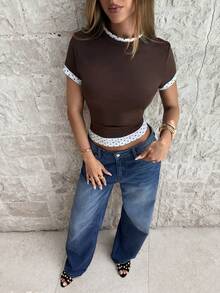 Aloruh 波点针织拼接纯色休闲通勤短袖T恤 - 咖啡棕 - 查看 6