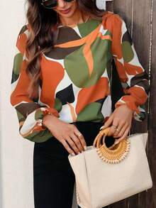 EMERY ROSE Blus Lengan Lentera Motif Acak Elegan Warna Oranye Terbakar, Atasan Chiffon Leher Bulat untuk Wanita, Blus Tunik Lengan Bishop untuk Musim Semi dan Musim Panas untuk Kerja dan Perjalanan - MultiWarna - View 4