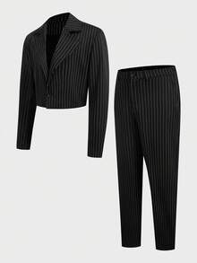 HIMLAND 男士条纹印花翻领商务西装套装，包括外套和裤子，尽显复古绅士风范，适合婚礼、婚礼等场合，也可作为度假、海滩度假礼物送给丈夫或男友，简约时尚，通勤必备。男士套装，包括细条纹西装和两件套，以及细条纹裤子。 - 黑與白 - 查看 16