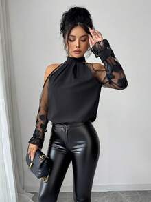 Ellegaria. Women's Casual Halter Neck Sheer Embroidered Loose Fit Solid Black Blouse, Suitable For Spring/Summer, Daily Wear, French Elegant - Black - View 4