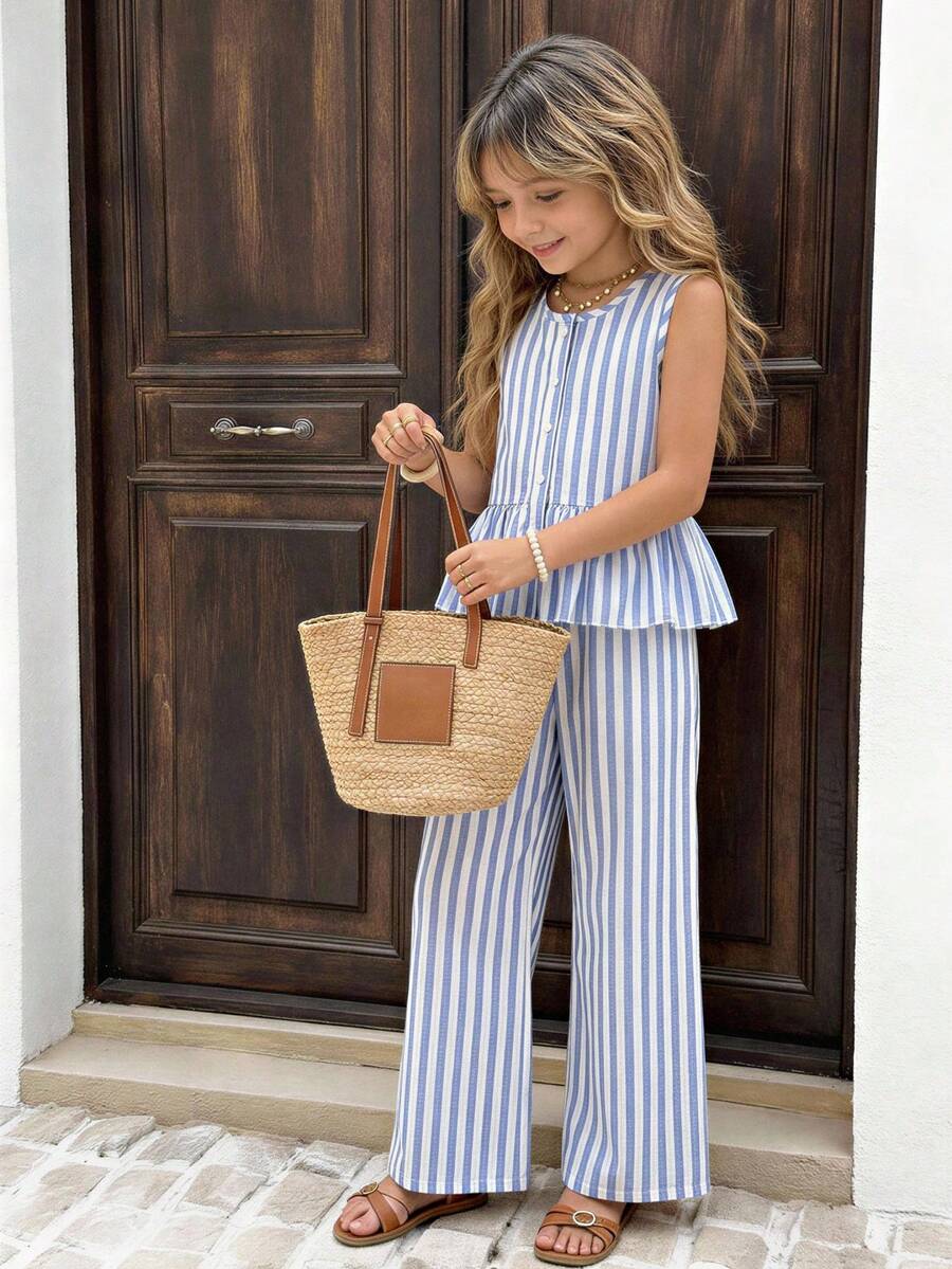 SHEIN 2pcs Tween Girls Sleeveless Shirt With Bow Button And Elongated Pants Set - Blue - View 1
