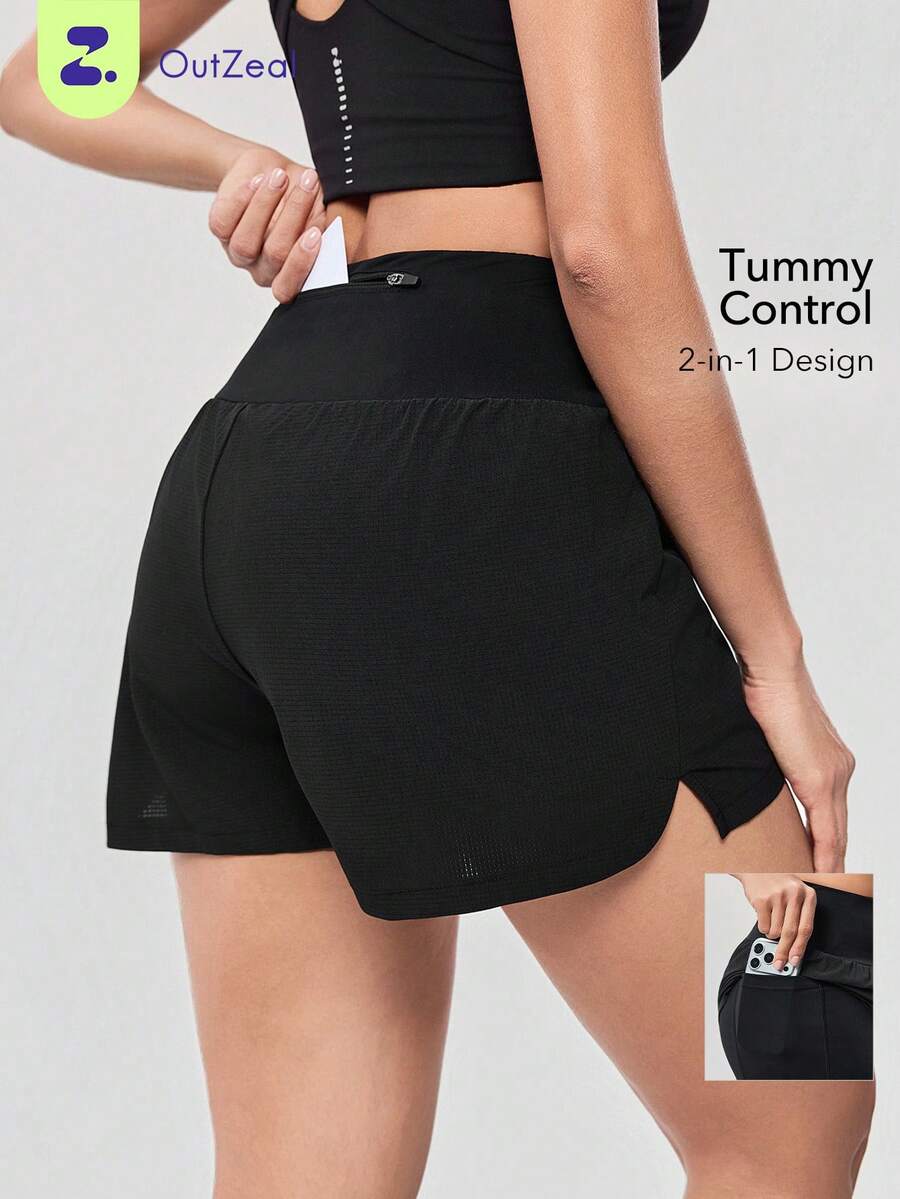 OutZeal Gym Shorts Women Sports Black Shorts Solid Color Summer Spring Workout Running Tummy Control 2-In-1 Built-In Shorts High Waist Active Bottom - Black - View 1