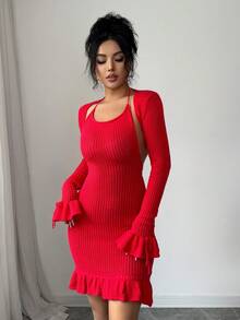 Rafferiza Women's Halter Tie-Up Backless Knitted Dress And Ruffle Cuff Knitted Cardigan Fashion Party Outfit