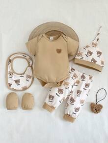SHEIN 5pcs/Set Newborn Baby Boy Summer Outfit, Includes Cute Bear Print Knit Soft Romper, All-Over Print Pants, Hat, Bib, Gloves - Khaki - View 9
