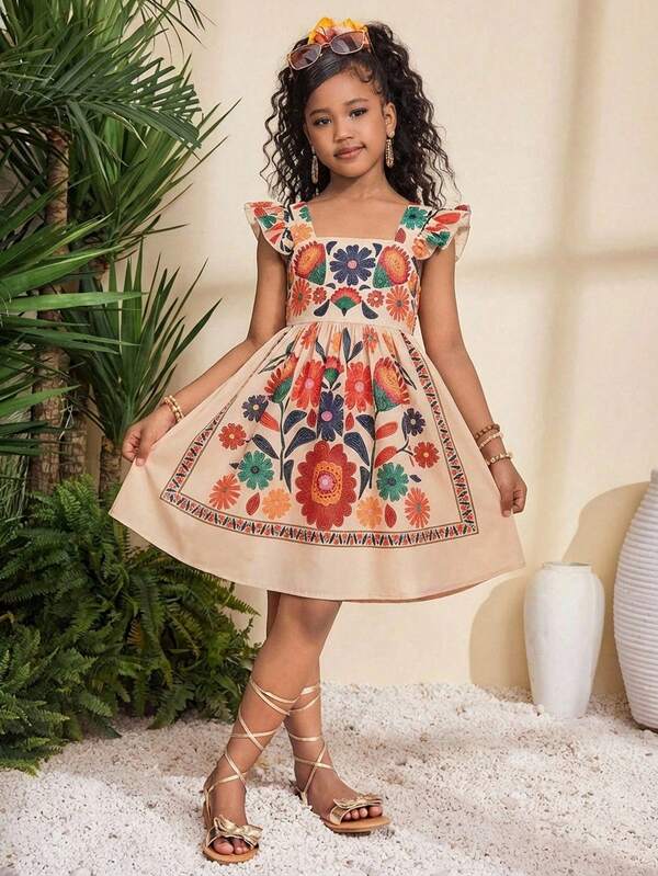 Vestido casual con cuello cuadrado, manga corta, estampado floral y de plantas tropicales, cintura ceñida, adecuado para vacaciones, playa y uso diario, para niñas preadolescentes
