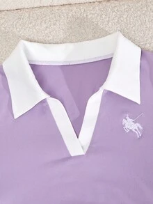 SHEIN Conjunto informal de blusa de manga larga con volantes y estampado de caballero y contraste de color, y pantalones para adolescentes - Morado - Ver 3