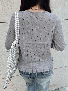 FRIFUL 女士纯色镂空荷叶边修身休闲开衫 - 灰色 - 查看 3