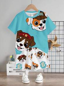 2 Stücke WELPEN Kinder Grafik Lässig Rundhals Kurzarm T-Shirt und Shorts Set, geeignet für den Sommer - Verschiedenfarbig - Übersicht 2