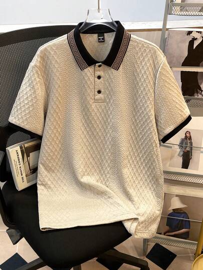 Manfinity Joysei Men's Apricot Knitted Polo Shirt With Rib-Knit Details For Tennis And Golf Style Polo Shirt For Men