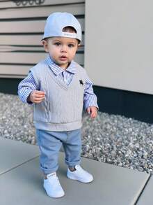 SHEIN 男婴保暖加厚长袖衬衫+灰色针织背心+牛仔裤两件套，舒适休闲百搭，适合室内、室外、日常穿着、运动、玩耍、派对、拍照、度假、返校、街头风、慢跑、运动服、万圣节、春夏秋冬等各种场合。 - 藍色 - 查看 2