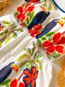 Sparklyn Tween Girl Parrot & Floral Print Hollow Out Casual Everyday Vacation Jumpsuit - Multicolor - View 4