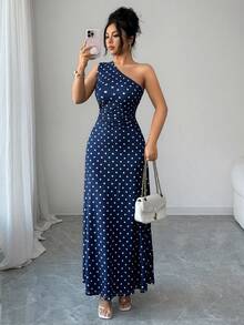 Elenzga 女士优雅修身褶皱波点印花不对称单肩长款连衣裙，适合派对、约会、通勤、商务、毕业典礼、返校、感恩节、日常穿着，夏季长款连衣裙，女士长款不对称单肩连衣裙，女士夏季连衣裙，度假连衣裙 - 藏蓝色 - 查看 6
