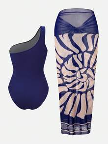 Swim Oasis Traje de baño de una pieza con pliegues de unicolor con cubierta y falda estampada para mujer, perfecto para vacaciones - Azul Marino - Ver 8