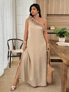 Weeklong Plus Size Women's Asymmetric Shoulder Floral Decor Slit Maxi Casual Vacation Dress, Spring/Summer - Khaki - View 1