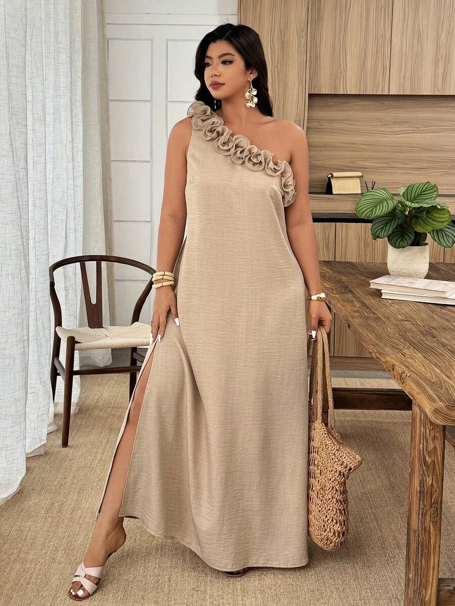 Weeklong Plus Size Women's Asymmetric Shoulder Floral Decor Slit Maxi Casual Vacation Dress, Spring/Summer - Khaki - View 1