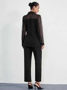 Aveloria Modichic Conjunto de pantalones rectos de traje ligero de mujer de doble botonadura con sensación transparente de tela de parche de organza - Negro - Ver 6