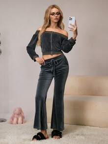 SHEIN Women's Contrast Color Off-Shoulder Long Sleeve Zipper Front Loungewear Top - Grey - View 4