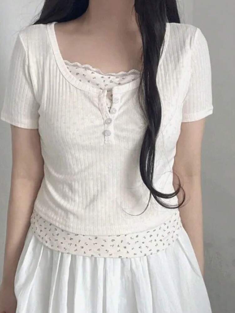 Women's Patchwork 2 In 1 Fitted Short Sleeve T-Shirt, White, Spring/Summer