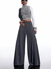 LYSMO 女式纯色系带褶皱复古阔腿裤 - 深灰色 - 查看 7