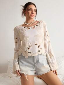 Freevana كنزة صوفية كروشيه مجوفة عتيقة بوهيمية، ملابس علوية كاجوال فضفاضة للربيع، كنزة صوفية محبوكة متعددة الاستخدامات للربيع - لون مشمشي - مشاهدة 5