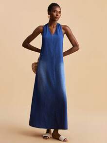 Travachic 女士时尚V领牛仔连衣裙，夏季 - 中等水洗藍 - 查看 6