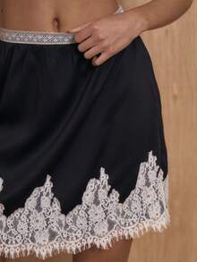 MUSERA Contrast Lace Trim Satin Loose Fit Mini Skirt Winter NewYear Cute Sexy Going Out Evening Party Accented - Black - View 5