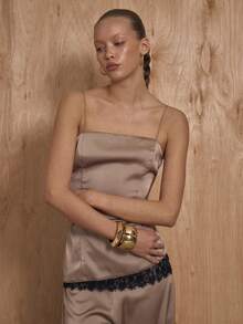 MUSERA Spaghetti Strap Straight Neckline Fitted Lace Trim Satin Longline Top Coord Top Only Winter NewYear Cute Sexy Going Out Evening Party Accented Valentines Day - Khaki - View 1