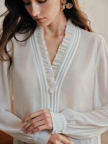 Anewsta Elegant French Style Ruffle V-Neck Design Fashion Women Blouse, Suitable For New Year, Spring, Summer, White, Valentine's Day - White - View 2