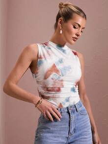 SHEIN BAE 女士扎染褶皱不对称扎染印花连体衣 - 棕色 - 查看 5