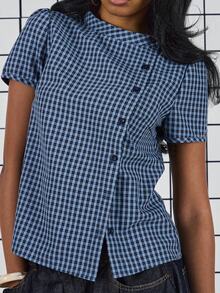 COUREZ 短袖微格纹不对称纽扣前襟上衣 / Y2K 春季可爱田园风上衣 外出派对夏季上衣 - 彩色 - 查看 7