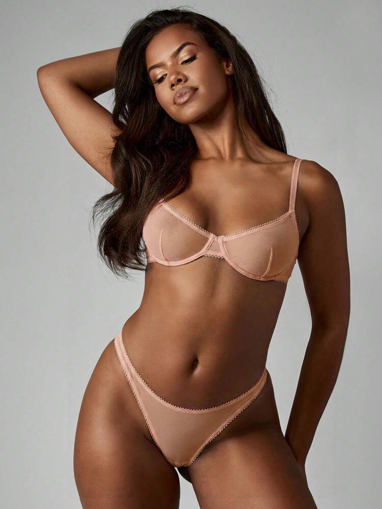 MISSGUIDED 여성용 메시 언더와이어 세트 시어 브라렛과 어울리는 팬티 친밀한 란제리 컬렉션 투명하고 섬세한 레이스 트림 나이트