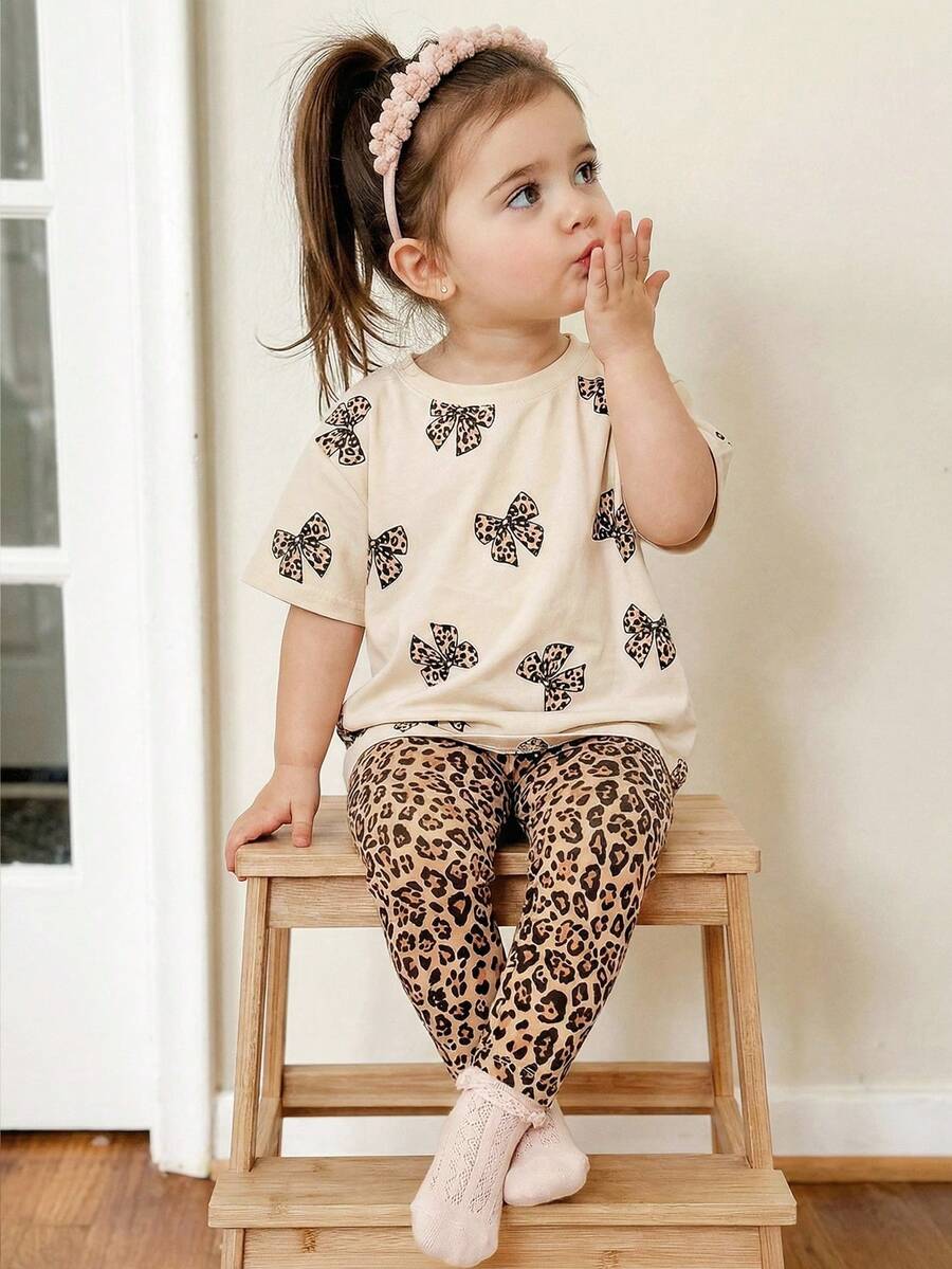 SHEIN 2pcs Baby Girl Casual Loose Round Neck Short Sleeve T-Shirt And Leggings Set, Suitable For Spring/Summer - Multicolor - View 1