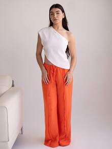 Andrea Bello Women's Simple Solid Color Textured Asymmetric Hem Blouse Summer Summer Outfits Summer Clothes Beach Outfits For Woman  Beach Vacation Vacation Outfits Woman Boho  Tropical Vacation Woman Clothe Tropical Vacation Woman Clothe Minimalana White Short Top Asymmetrical, Elegant, Simple, Slim, Versatile For Commuting Off The Shoulder Top - Apricot - View 6