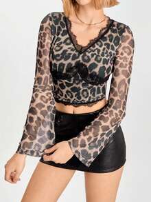 SHEIN EZwear 女式蕾丝拼接 V 领长袖豹纹修身 T 恤，秋季 - 卡其色 - 查看 1