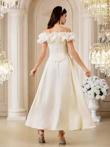 Modelyn Women's Elegant Off Shoulder Ruffle Trim Fitted Top And Skirt 2-Piece Set, Party/Banquet - Apricot - View 2