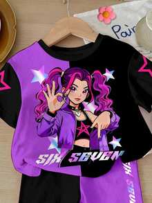 SHEIN 2件套女婴休闲时尚彩色K-POP女团字母和星星印花个性化趣味数字67图案圆领短袖T恤和短裤套装，适合夏季穿着。紫色女婴紫色T恤街头风女童紫色婴儿图案T恤 - 彩色 - 查看 4