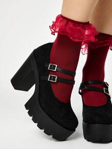 ROMWE Goth Giày cao gót nữ - Mặt vải màu đen + đôi với mờ - Xem 8