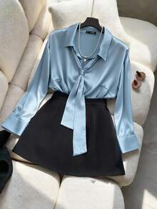 Franclia 大码女士优雅系领提花衬衫和A字裙两件套 - 藍色 - 查看 1