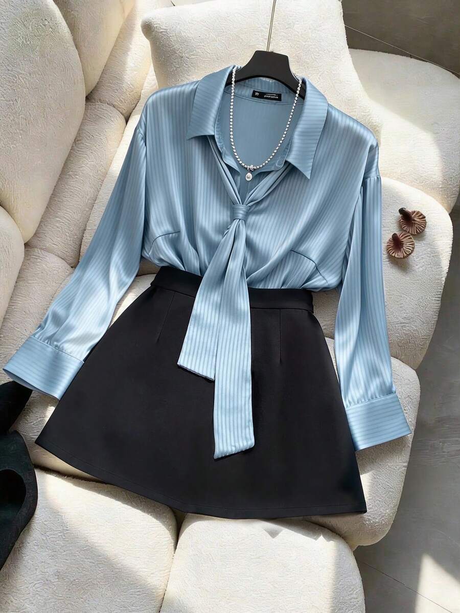 Franclia 大码女士优雅系领提花衬衫和A字裙两件套 - 藍色 - 查看 1