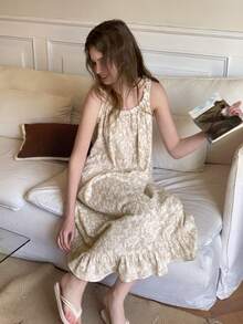 DAZY 少女夏季兔子与花卉印花撞色蕾丝荷叶边宽松吊带睡裙 - 杏色 - 查看 4