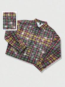 ROMWE MEN Street Life Men's Shirt With Rhinestone Plaid Pattern, Long Sleeve, Streetwear American Style - Khaki - View 4