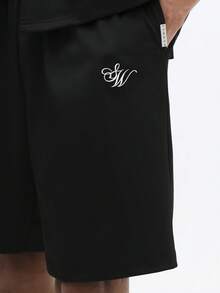 SUMWON 经典纽扣短袖衬衫和抽绳短裤套装，饰有刺绣logo细节，夏季休闲家居服 - 黑色 - 查看 6