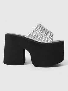 ROMWE Women's Fashionable Silver Pleated Thick Sole Slide Sandals For Party