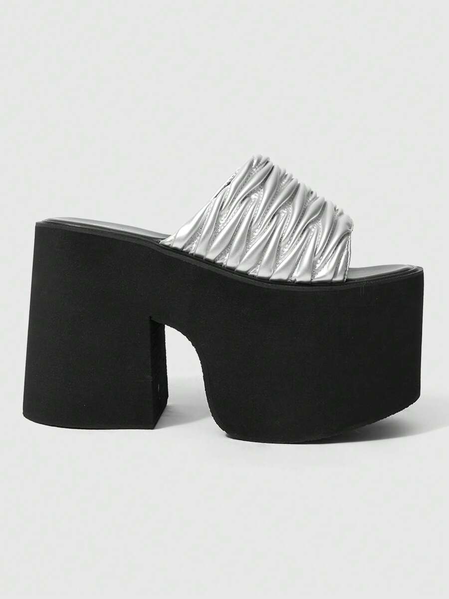 ROMWE Women's Fashionable Silver Pleated Thick Sole Slide Sandals For Party