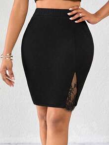 SHEIN Lady Chân váy midi ôm sát thời trang thanh lịch với ren tương phản và eo chun dành cho nữ. Chân váy công sở thời trang phối màu ôm sát dành cho nữ, thích hợp cho mùa xuân hè. Trang phục lễ hội dành cho nữ. Trang phục lễ hội dành cho nữ. Trang phục lễ hội dành cho nữ. Trang phục lễ hội dành cho nữ. Váy Valentine. Ngày lễ tình nhân. Trang phục nghỉ dưỡng Valentine. Chân váy đen dành cho nữ, mùa hè, mùa xuân. Váy đen mùa xuân. Váy dự tiệc thanh lịch. Váy dự tiệc cưới và sự kiện. Chân váy đen cưới mùa xuân hè. - màu đen - Xem 3