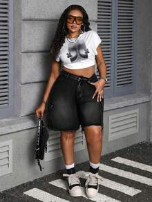 Slaydiva Plus Size Women's Denim Shorts For Women Jean Shorts Loose Cargo Shorts Cotton Camouflage Loose Shorts Cargo Pants Women Shorts Camo Pants Jorts Vacation Woman Summer For Women Summer Cowgirl Old Money - Black - View 4