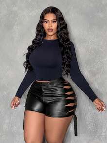 Slaydiva 时尚大码黑色PU皮革纯色系带短裤，侧边系带设计，是派对之夜的理想之选。黑色皮革性感短裤，女士骑行短裤套装。 - 黑色 - 查看 9