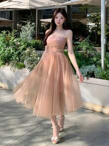 DAZY 女士蕾丝面料吊带芭蕾舞裙，饰有蝴蝶结，修身薄纱连衣裙 - 藕粉色 - 查看 3