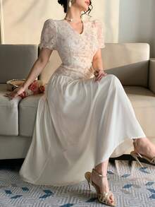 DAZY Women's Long Lace Hollow-Out Puff Sleeve V-Neck Waist Cinched Dress - Apricot - View 1