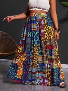 Veslaya 2026春夏大码女装音乐节、复活节、西部风情、游牧风、生日派对、毕业典礼、大学、学生、日常休闲、基础款、休闲、度假、邮轮旅行、海滩、日光浴、爆款、街头风、婚礼宾客、通勤、早午餐、机场、派对、假日郊游、优雅晚宴、舞会、休闲、高端优雅非洲印花A字裙 - 彩色 - 查看 6